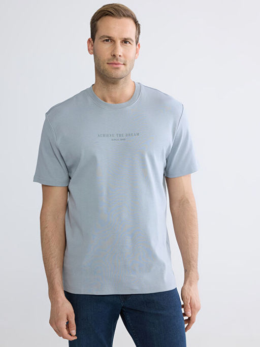 Oversize Fit Bisiklet Yaka Bask?l? Erkek Ti??rt