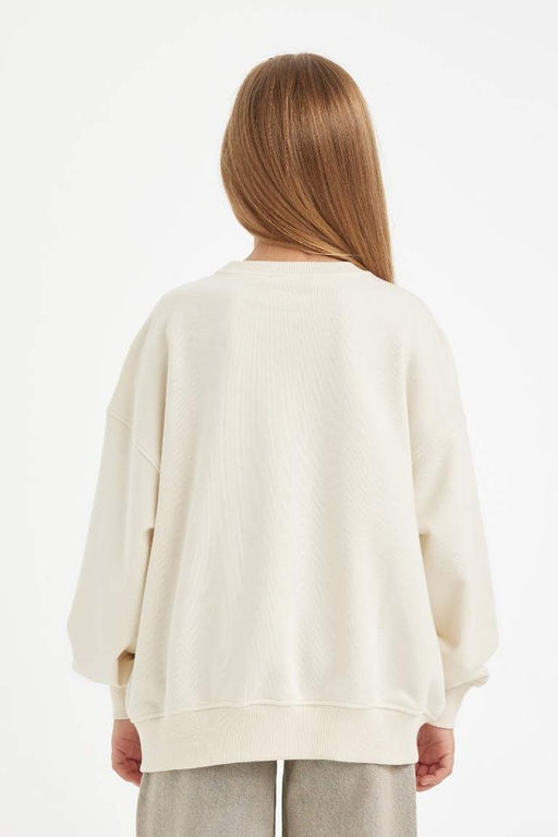 Толстовка оверсайз широкого кроя с круглым вырезом и принтом для девочек цвета экрю - Defacto фото 6
