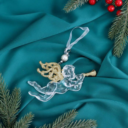 Цена за 2 шт. Ёлочная игрушка Зимнее волшебство. Ангел с трубой, 148 см, прозрачно-золотой фото 2