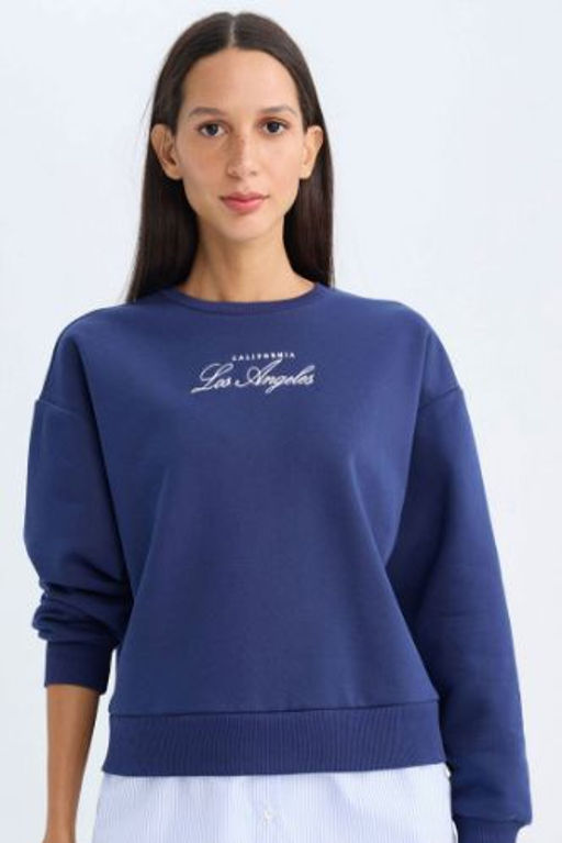 Bisiklet Yaka Bask?l? Etek Ucu Detayl? Kal?n Sweatshirt