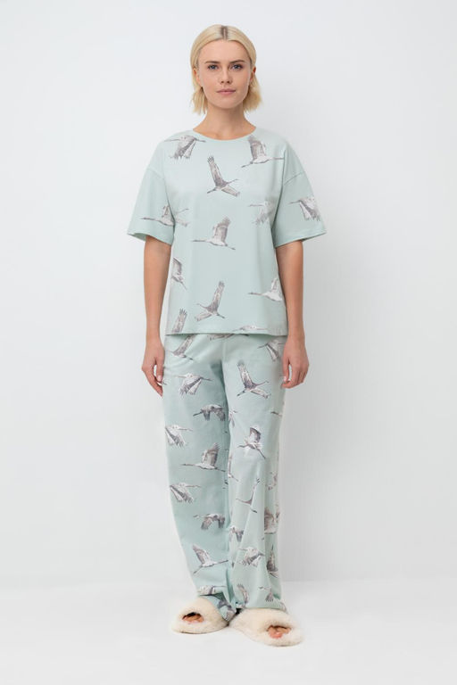 ЕП 20204/туманный голубой,журавли пижама жен (фуфайка,брюки)