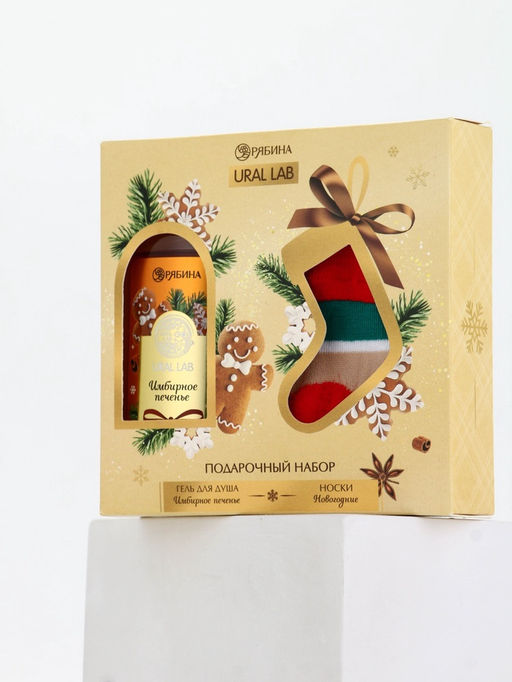 Подарочный набор новогодний Ароматы праздника, гель для душа, печенье, 100 мл и носки, URAL LAB