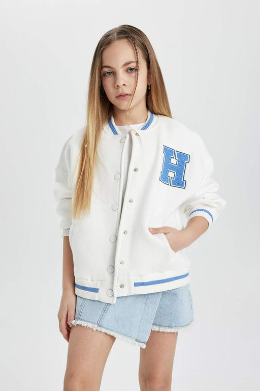 Кардиган-бомбер на толстой мягкой подкладке с воротником колледжа для девочек - Defacto фото 6