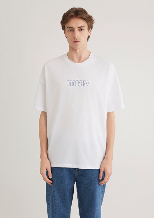 Miav Bask?l? Oversize Beyaz Ti??rt - Mavi фото 4