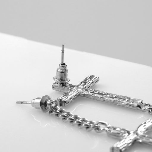 Серьги металл Крест и цепочка плетение, цвет серебро