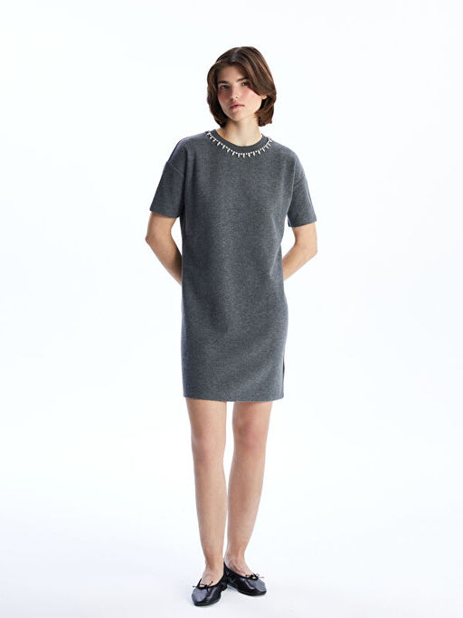 Bisiklet Yaka Ta?l? Mini Triko Elbise