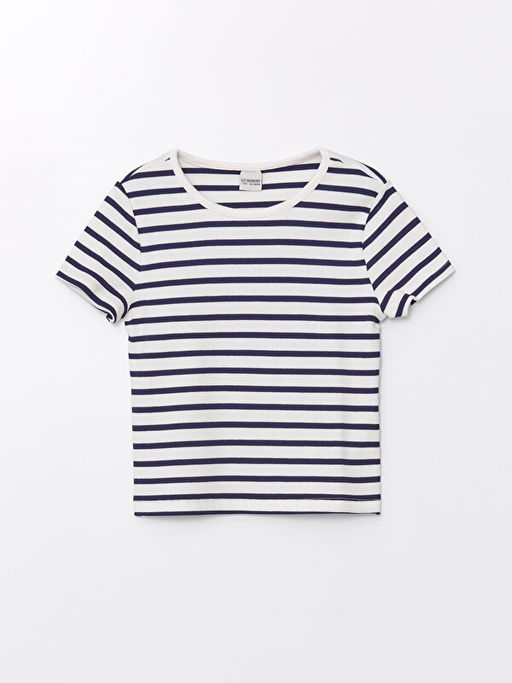 Bisiklet Yaka ?izgili K?sa Kollu K?z ?ocuk Ti??rt