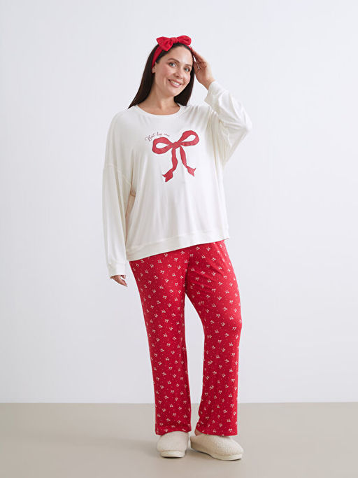 Fiyonk Bask?l? Kad?n Pijama Tak?m? ve Sa? Band?