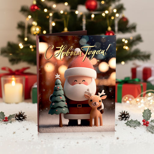 Цена за 2 шт Мини-открытка "С Новым годом (дед Мороз с оленем)"