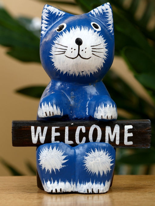 Сувенир «Кот с табличкой WELCOME», 8×4×10 см, дерево, синий