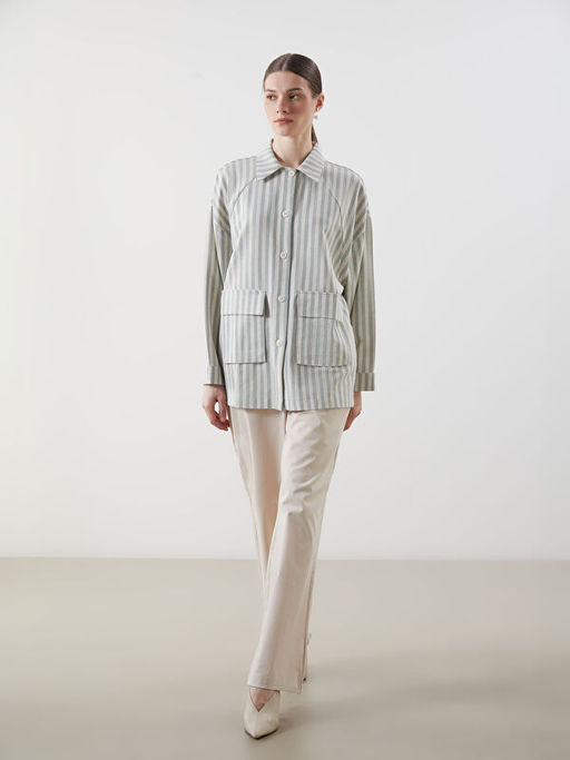 ?izgili Oversize Keten Kar???ml? Kad?n G?mlek Ceket