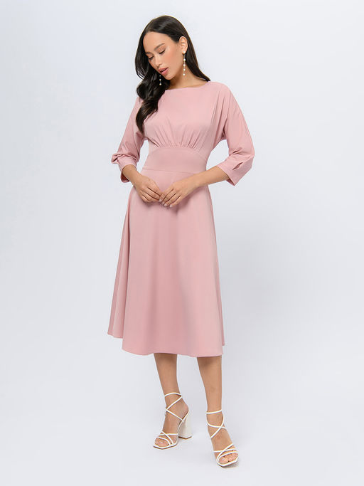 Платье пудрового цвета длины миди с расклешенной юбкой - 1001dress фото 2