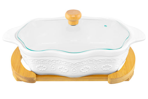 Блюдо д/зап и серв 32*20*14 см 1,5 л ажур Белый узор + стекл крышка на дер подстав. - Elan gallery фото 21