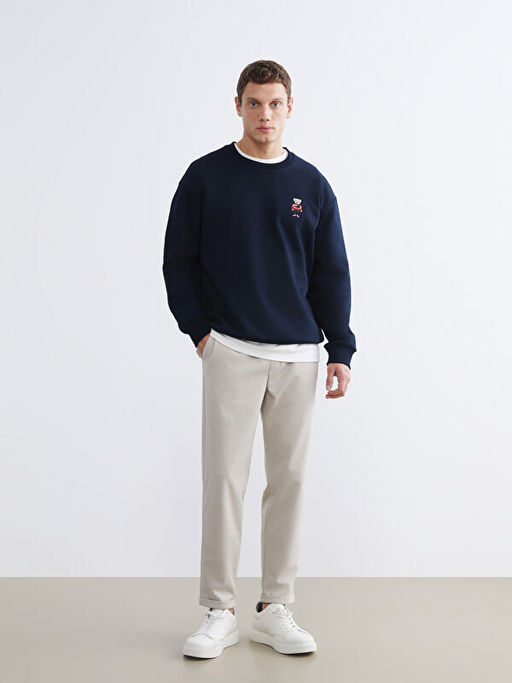 Bisiklet Yaka Ay? Teddy Bask?l? Erkek Kal?n Sweatshirt