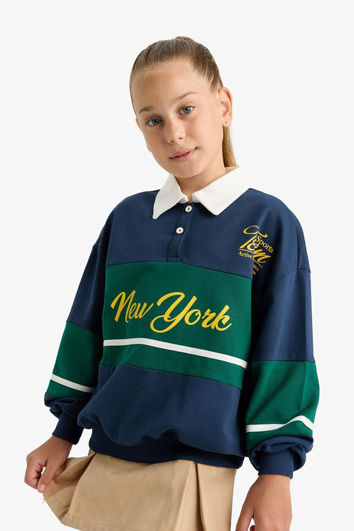 %100 Pamuk Relax Fit Polo Yaka Bask_l_ Okul Sweatshirt K_z _ocuk - Defacto фото 5