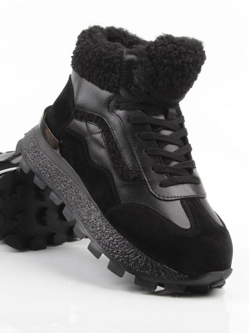 04-WG042-1M BLACK Кроссовки зимние женские (натуральная кожа, натуральная замша, 100% шерсть)