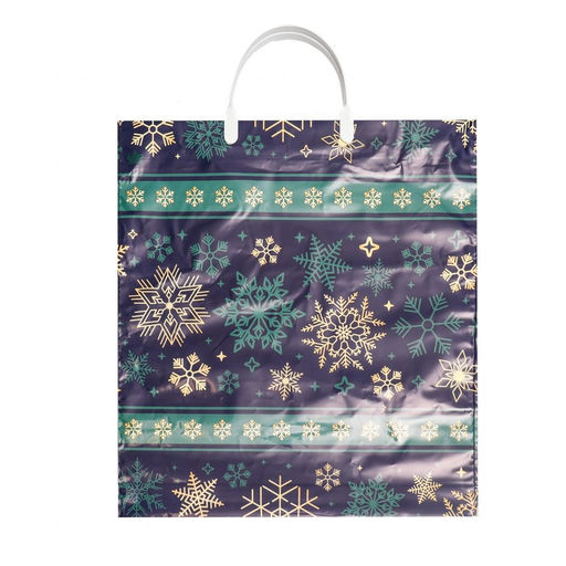 Цена за 10 шт. Новый год. Пакет "Изумрудные снежинки", полиэтиленовый с пластиковой ручкой, 44 х 40 см.