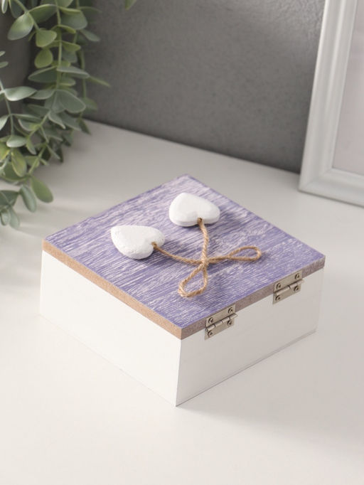 Шкатулка для украшений Сердечки белые на сиреневом квадрате, дерево, 12?12?5.3 см