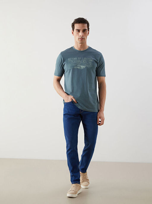 Bisiklet Yaka Bask?l? Penye Biyeli Erkek Ti??rt