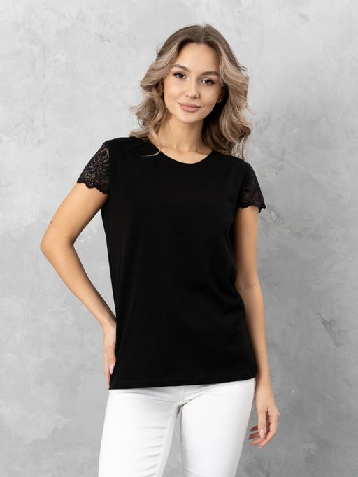 Футболка с КРУЖЕВОМ хлопок 95%, лайкра 5%,черная - Binita фото 2
