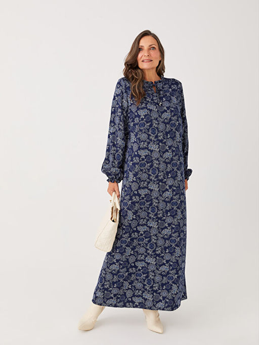 Ba?lamal? Yaka Desenli Uzun Kollu Viskon Elbise