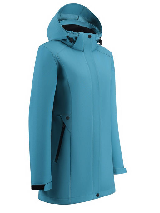 Парка женская софтшелл виндстоппер удлинённая с капюшоном бирюзового цвета 9614_1Br