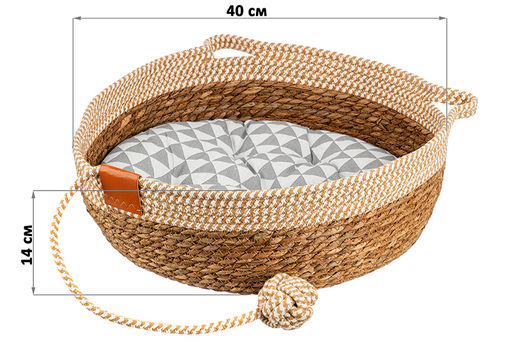 Лежанка плетеная для кошек и собак 40*40*14 см, с подушкой и игрушкой - Elan gallery фото 2