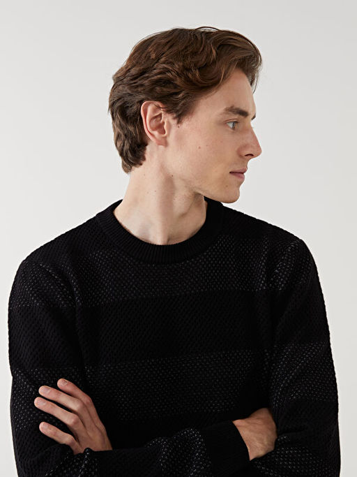 Bisiklet Yaka Uzun Kollu ?izgili Erkek Triko Kazak