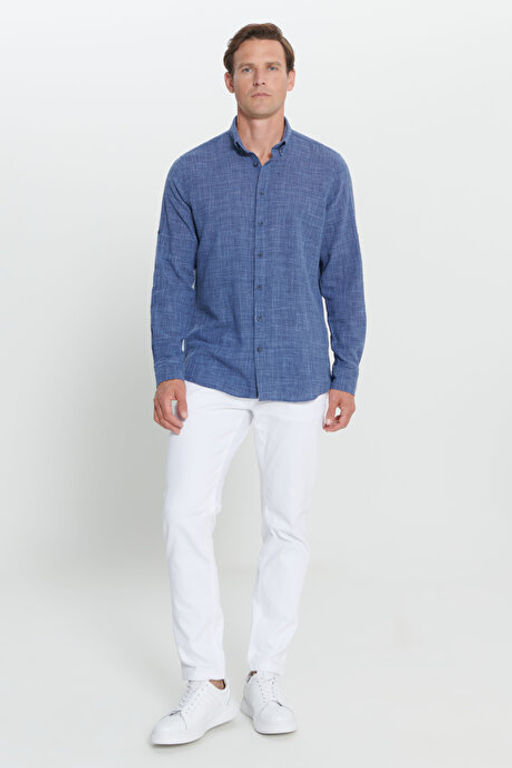 Slim Fit Dar Kesim %100 Pamuk D__meli Yaka Lacivert G_mlek YDA202420011LAC