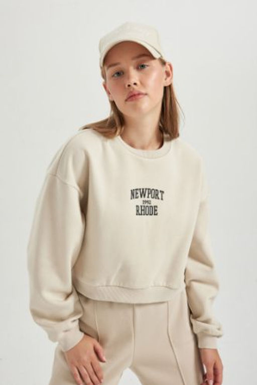 Coool Oversize Genis Kal?p Bisiklet Yaka Bask?l? Kal?n Sweatshirt