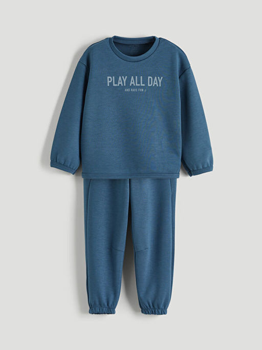 Bask?l? Erkek Bebek Sweatshirt ve Pantolon 2li