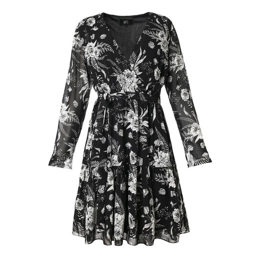 Платье женское короткое MIST plus-size, чёрное, размер 52, принт цветочный