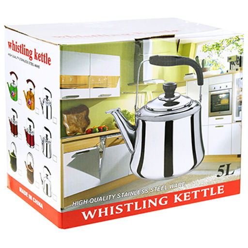 "Ладога" Чайник из нержавеющей стали 5л, д22см h19см, со встроенным в крышку свистком, подвижная пластмассовая ручка, цветная коробка (Китай) Возможны мятые коробки.