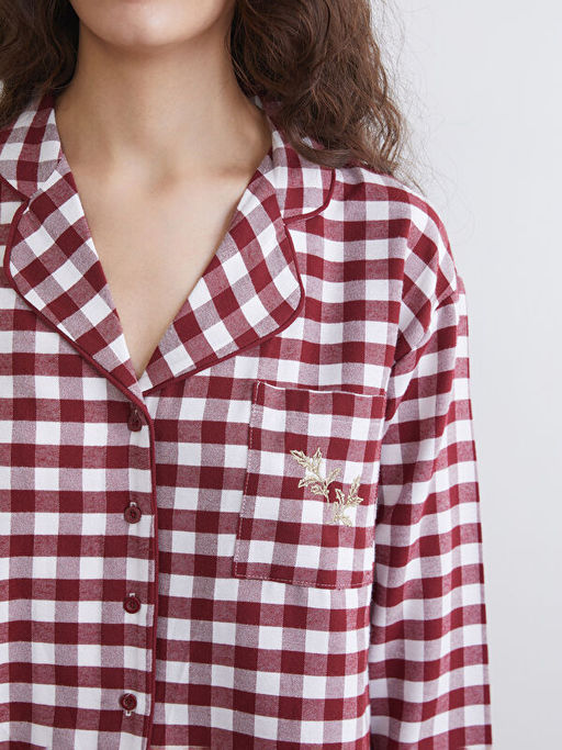 G?mlek Yaka Ekose Kad?n Pijama Tak?m?