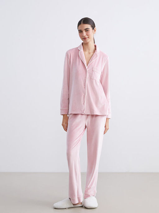 G?mlek Yaka Kadife Kad?n Pijama Tak?m?