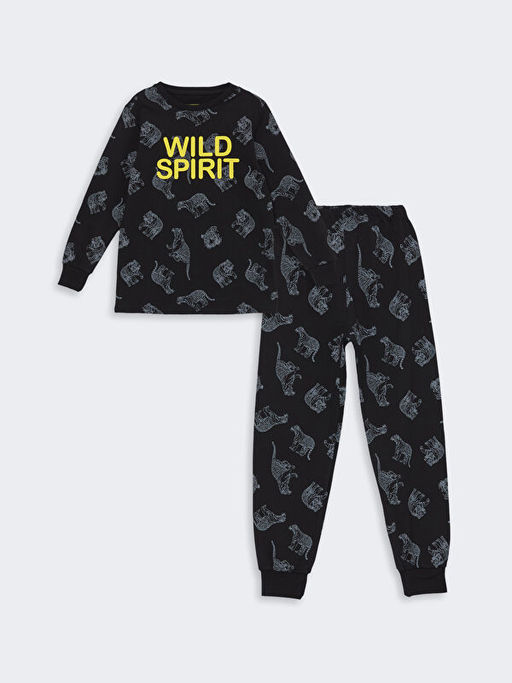 Bisiklet Yaka Bask?l? Uzun Kollu Erkek ?ocuk Pijama Tak?m?