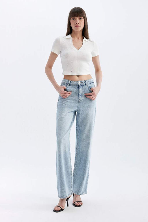 Футболка-поло с короткими рукавами и зауженным кроем в рубчик на камзоле - Defacto фото 2