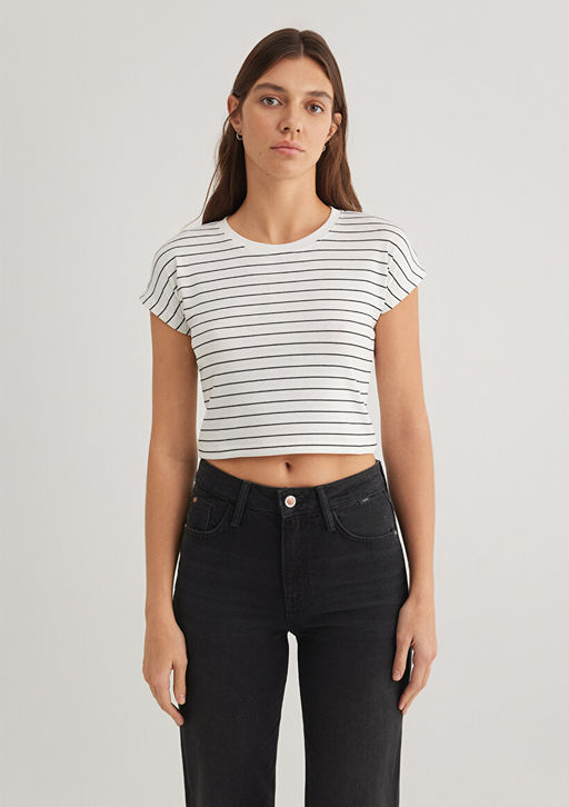 Beyaz Cizgili Basic Tisort - Mavi фото 3