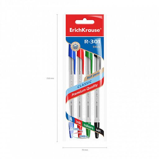 Цена за 24 шт. Набор из 4 ручек шариковых ErichKrause R-301 Stick Classic 1.0, цвет чернил: синий, черный, красный, зеленый (в пакете)