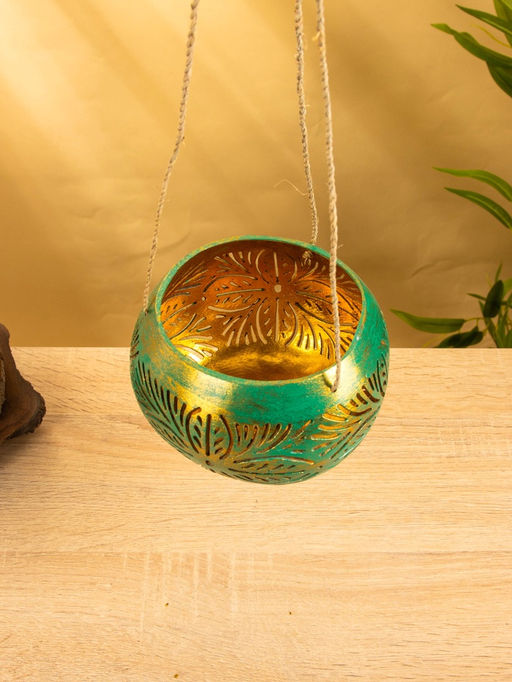 Подсвечник подвесной из кокоса, 14×14×10 см, голубой с золотым