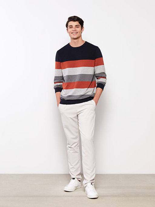 Bisiklet Yaka Uzun Kollu ?izgili Erkek Triko Kazak