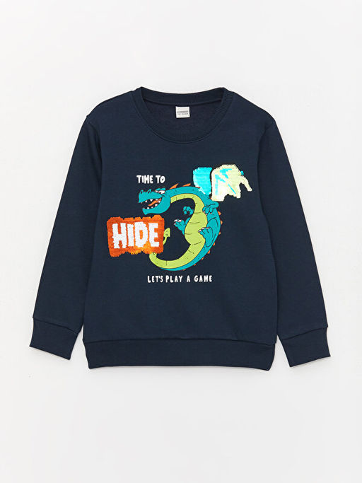 Bisiklet Yaka Bask?l? ?ift Y?nl? Payetli Uzun Kollu Erkek ?ocuk Sweatshirt - Waikiki фото 2