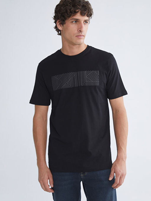 Bisiklet Yaka Bask?l? Penye Erkek Ti??rt