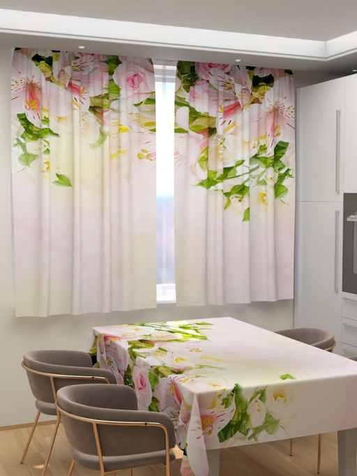 Фотошторы для кухни Ассорти бежевых цветочков Фотошторы ткань Димаут