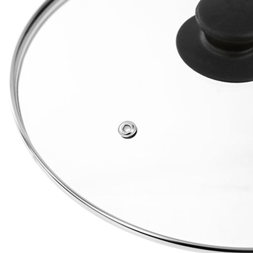 "ДМ" Крышка стеклянная д22см h6см, жаропрочное стекло, ободок из нержавеющей стали, пароотвод, пластиковая ручка-кнопка (Китай)