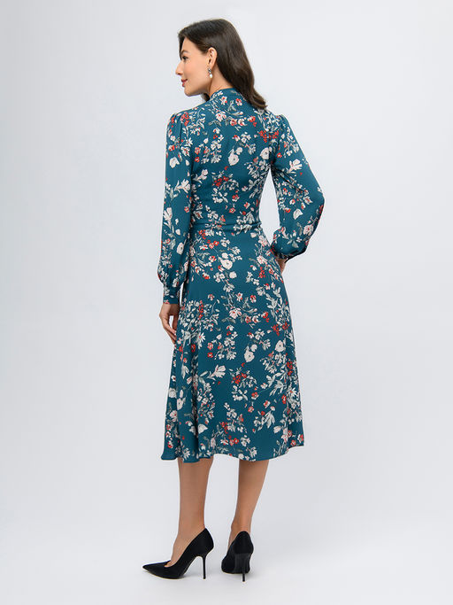 Платье бирюзового цвета длины миди с принтом и завязкой на воротнике - 1001dress фото 3