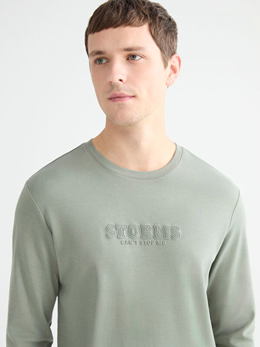 Bisiklet Yaka Uzun Kollu Bask?l? Erkek Ti??rt