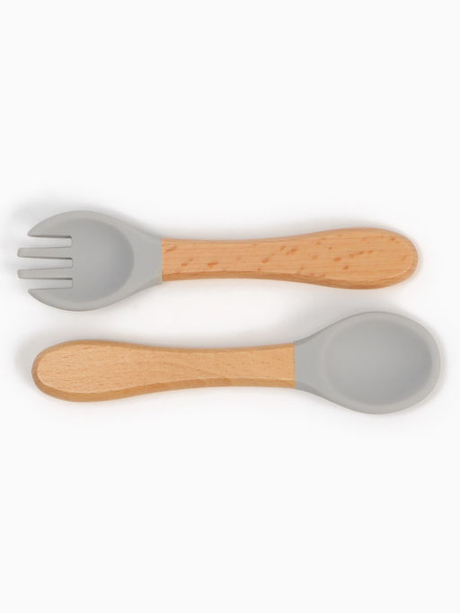 Тарелка детская секционная с ложкой и вилкой, 3 секции, серый, Mum&Baby