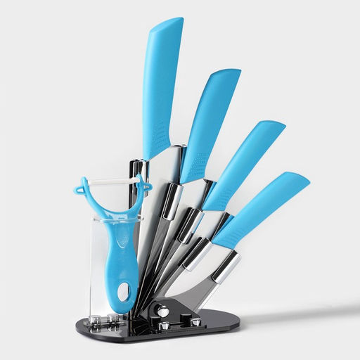 Набор кухонный на подставке Доляна, 5 предметов: ножи 7,5 см, 10,5 см, 13 см, 15 см, овощечистка, цвет голубой  фото 3