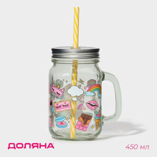 Кружка Доляна «Единорог», 450 мл, 10×7.5×13 см, стекло, с крышкой и трубочкой